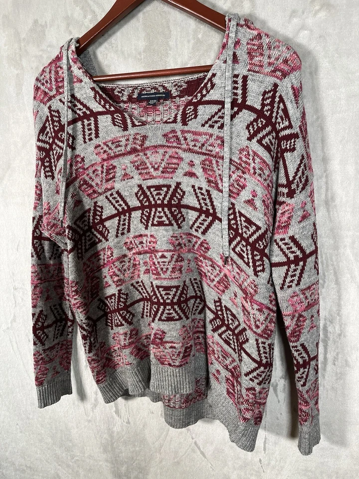 Suéter American Eagle Para Mujer S Gris Granate Rosa Azteca Suroeste Boho Con Capucha Foto 3 de 4