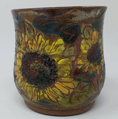 Vintage Art Pottery Hand Thrown Sunflower Mug Coffee Tea Hand Painted Crafted