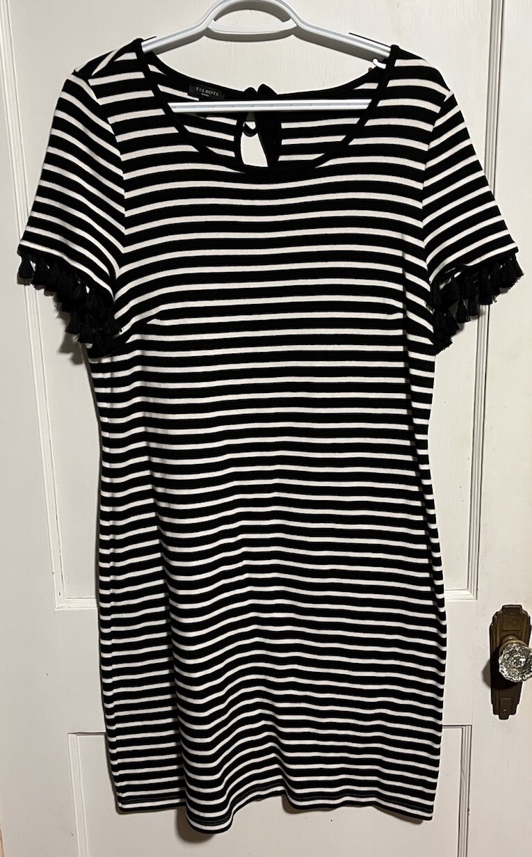 Talbots Petite XL Blk Whi Striped Keyhole Tasseled Dress SS 100% Cotton