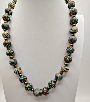 Donna Sharp Handcrafted VTG Polymer Clay Bead Necklace Swirled Blue Cream 18''