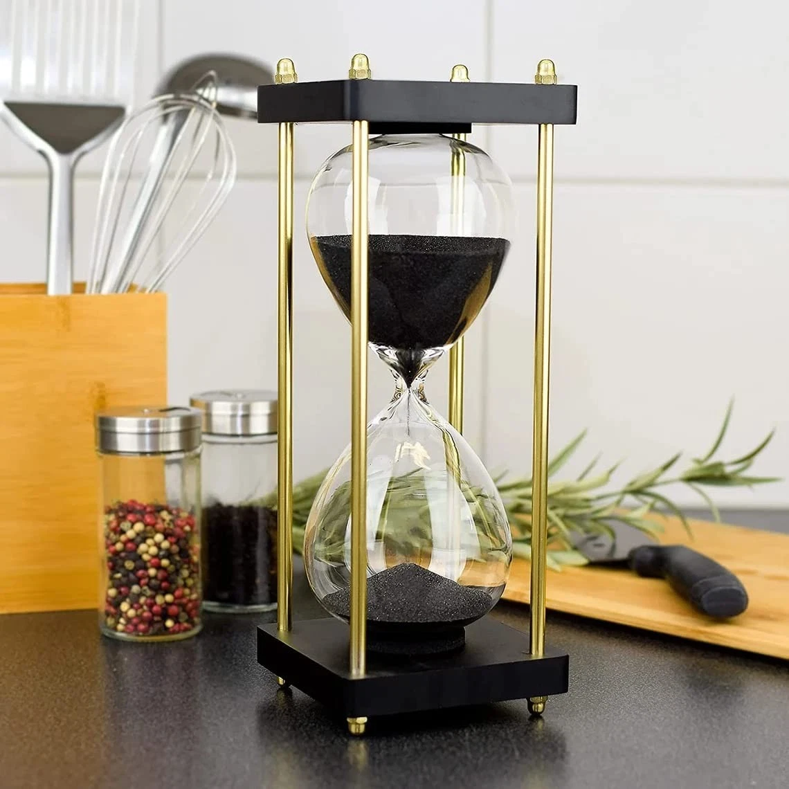 10 Inch Sand Timer with Wooden Base & Black Sand Nautical Hourglass 30 Minute