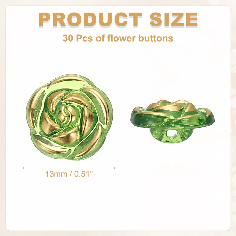 30Pcs Rose Flower Buttons,Cute Buttons for Clothes, Green/Gold - Image 2 of 4