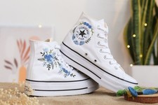 Custom Converse Platform Shoes Floral Embroidered Bridal Sneakers White