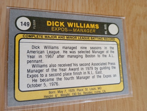 1981 Fleer DICK WILLIAMS Montreal Expos MGR #149 Baseball Card - Picture 2 of 2
