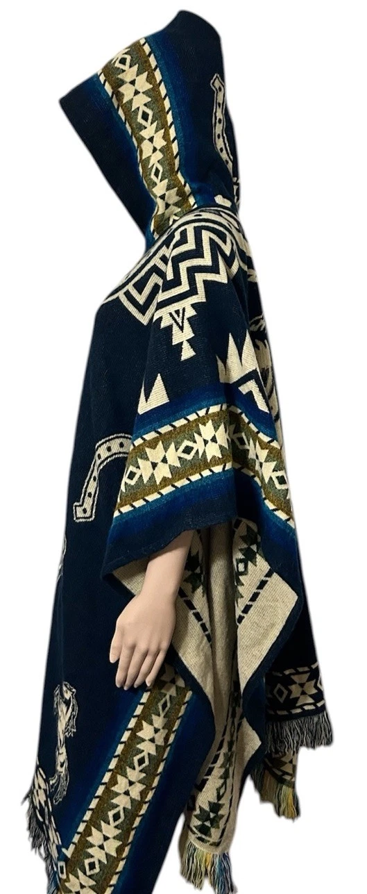 Hooded 100% Alpaca Poncho OS Reversible Horses Western Aztec Novelty Unisex Soft