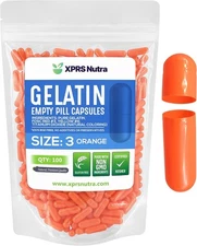 Size 3 Orange Empty Gelatin Pill Capsules Kosher Gel Caps Gluten-Free Gelcaps