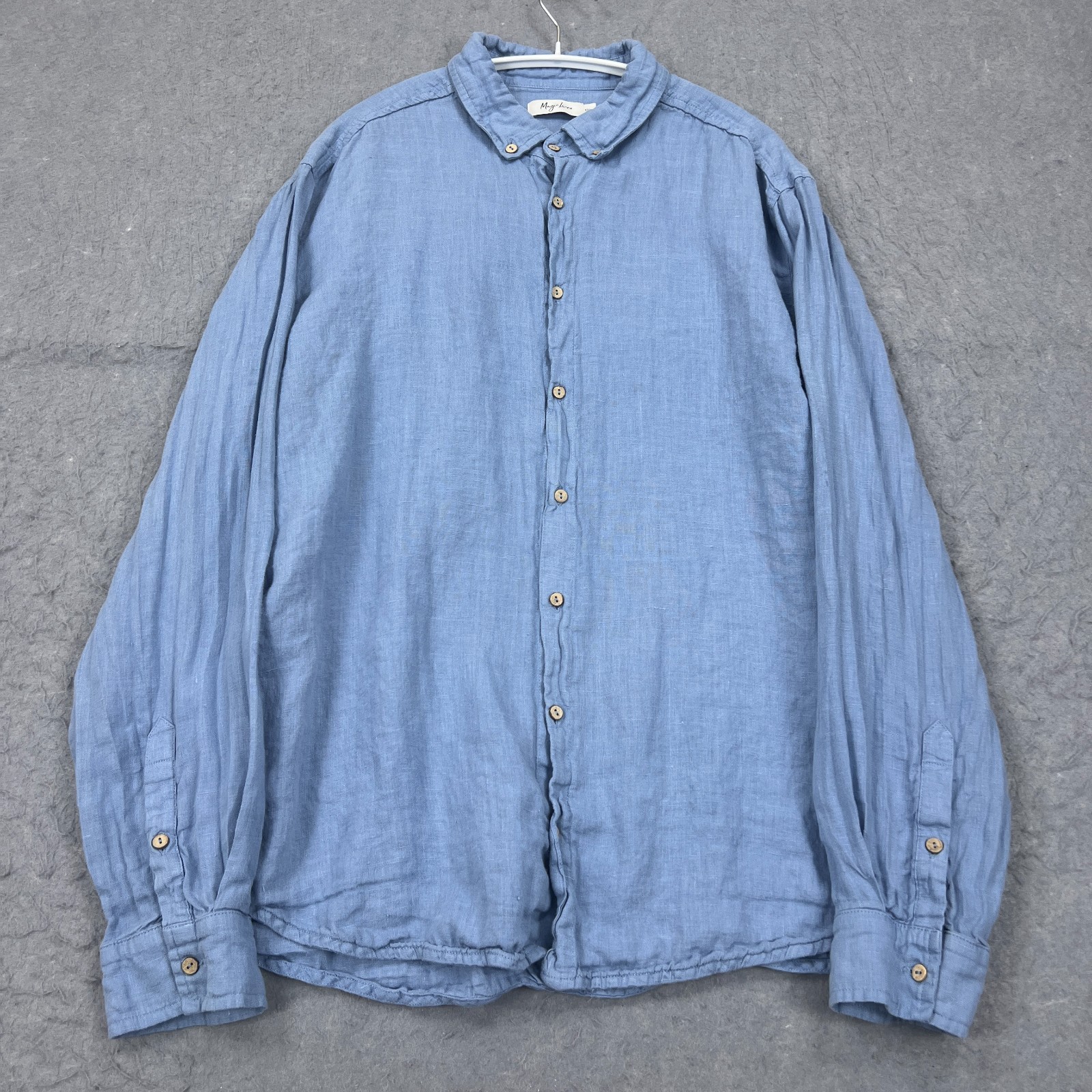 Magic Linen Shirt Men's XXL Blue 100% Linen Woven Collared Long Sleeve Button Up