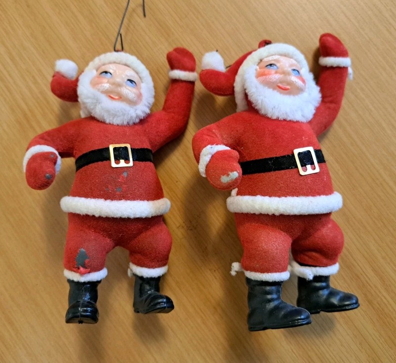 Set Of 2 Vintage Large Flocked Plastic Santa Ornaments 5" Tall Christmas 60's 