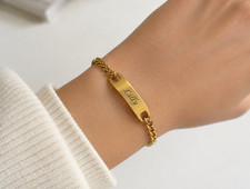 Personalised Gold Cuban Link ID Bar Bracelet 21.5cm Engraved Unisex Gift