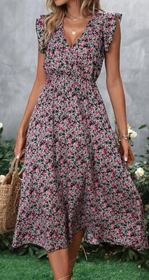 Midikleid Damen S Schwarz/Rosa/Grün Blumenmuster A-Linie V-Ausschnitt Rüschen