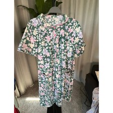 Vintage Floral Snap Front Duster Robe Housecoat Green Pink Short Sleeve Pockets