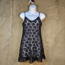 Black Lace Slip Dress L Long Cami Whimsigoth Dark Coquette Dollette Bows Sheer