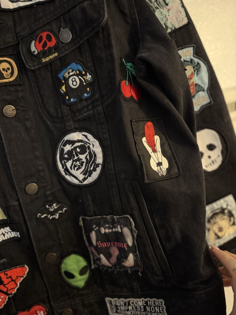 Supreme Patches Denim Trucker Jacket Black Sz. L SS18 Rare