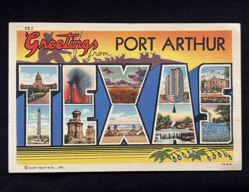 Large Letter Greetings from Port Arthur Texas- Linen Postcard c1940s Vintage