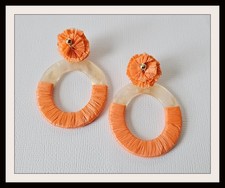 Orange Raffia & Acetate Hoop Earrings Large 2.5" Long Lightweight