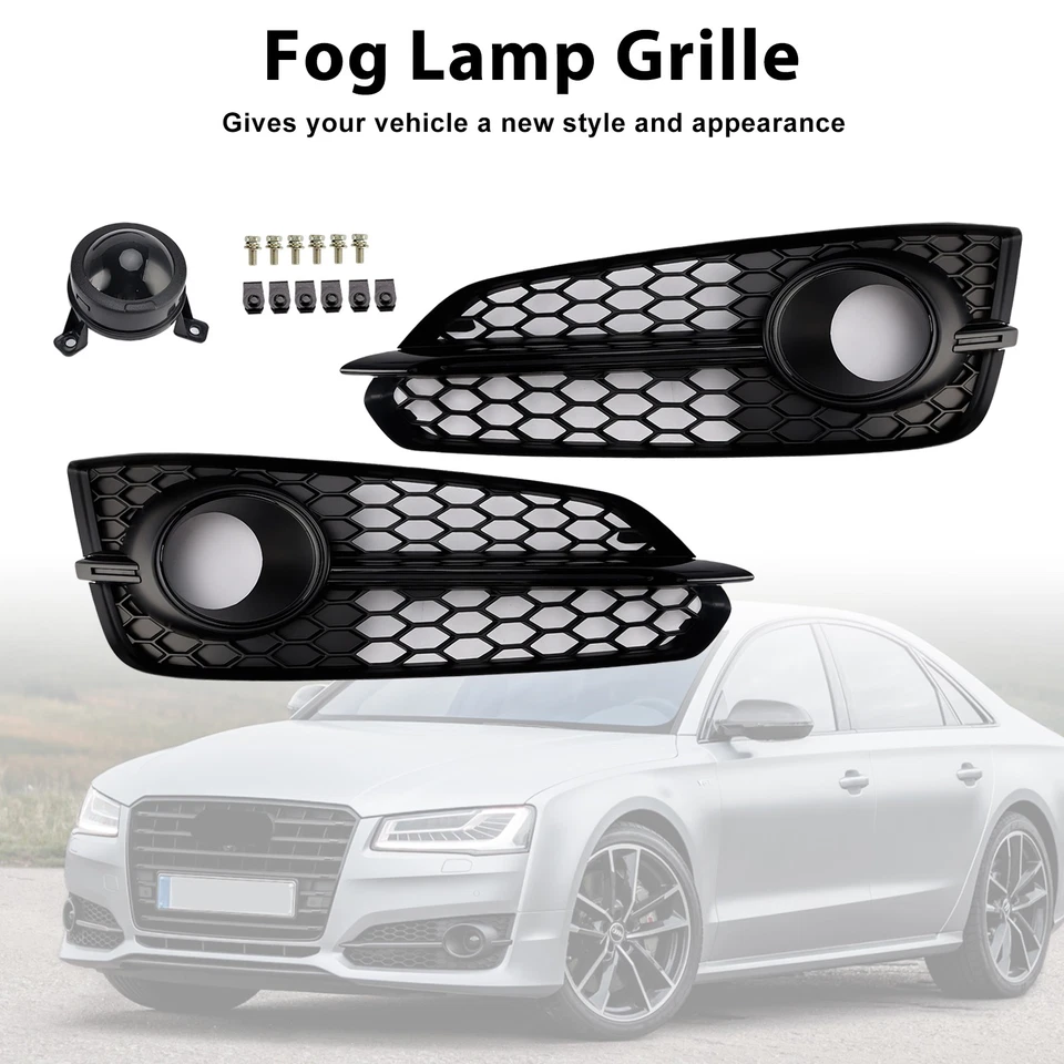 🚀2PCS Black Front Fog Grill Grille Light Cover For Audi A8 S8 2015-2017 2016 Foto 4 de 4