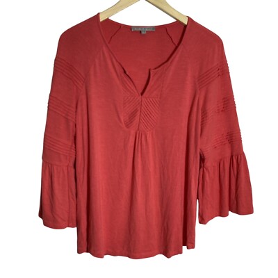 Daniel Rainn Blouse Bell Sleeve Pleated V-Neck Top Coral Size S