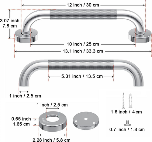 12" Anti-Slip Shower Grab Bar Chrome Stainless Steel Bathroom Grab Bar Handle - Picture 2 of 12