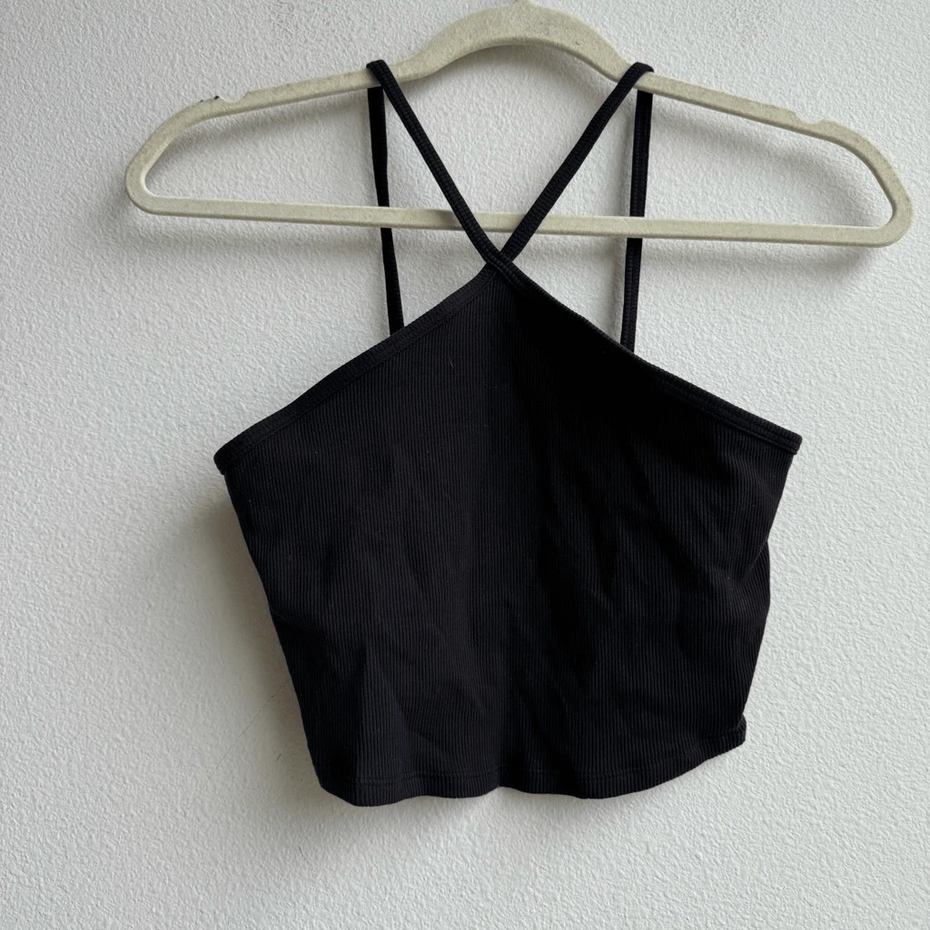 alo-yoga goddess ribbed t strap halter crop long line tank-bra