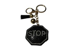 Black STOP Tassel Bling Faux Suede Stuffed Pillow Key Chain Handbag Charm