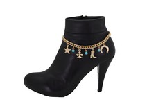 New Women Gold Metal Chain Boot Bracelet Sherriff Fleur De Lis Horseshoe Charms