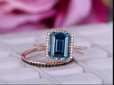 3.10Ct Emerald London Blue Topaz Bridal Halo Engagement Ring 14K Rose Gold Over
