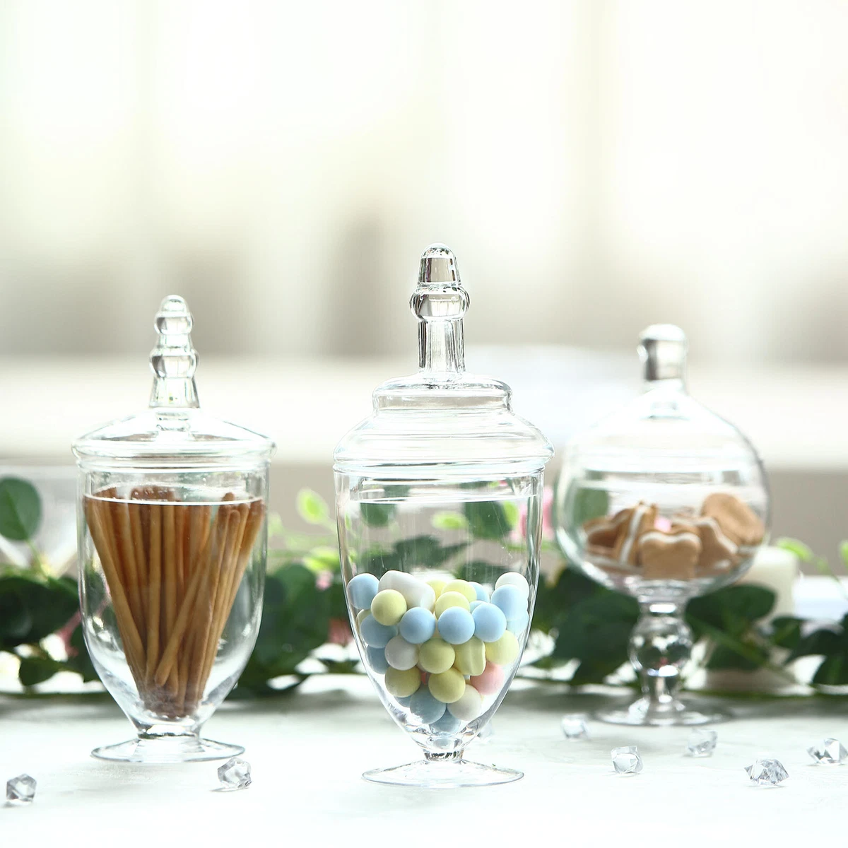 BELLE VOUS 3 Pack Clear Glass Apothecary Candy Storage Jar Set - Decorative Victorian Canister Jars with Lids for Wedding & Home - For Food, Sweet