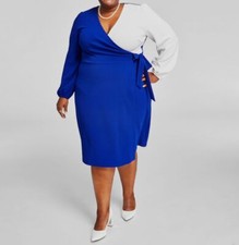 Kasper Womens Blue Colorblock Surplice Side-Tie A-Line Dress Plus Size 3X