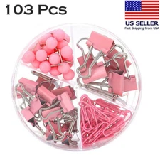 103 pc Pink Push Pins Paper Clips Binder Clips Sets Durable Anti-Rust Re-Useable