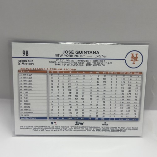 2024 Topps Series 1 Baseball Jose Quintana Base #98 New York Mets - Picture 2 of 2