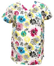 Serene Uniform Women's Medical Scrub Tops White Base Sketch Colorful Flowers XL