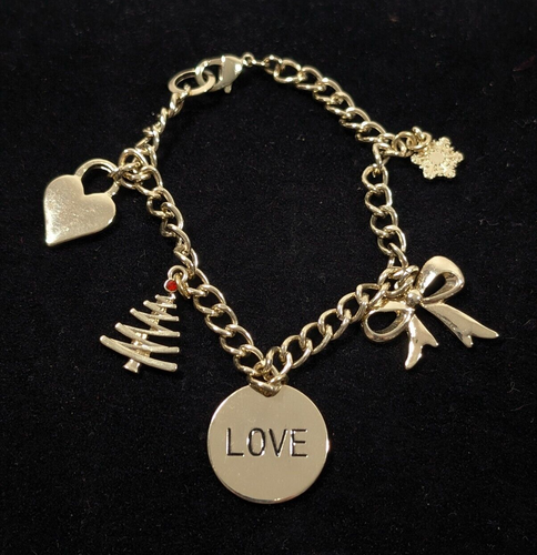 Christmas Love Charm Bracelet Heart Bow Gold Tone 7 inch