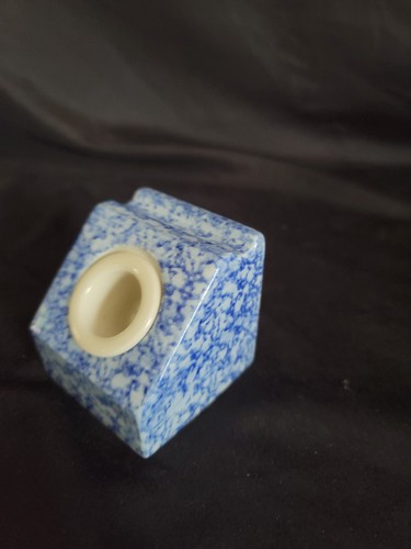 ANTIQUE Blue & White Spongeware Inkwell With Penrest - Picture 2 of 6