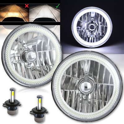 7'' White COB LED Halo Angel Eye Headlights 4000Lm LED Light Bulb Headlamp Pair