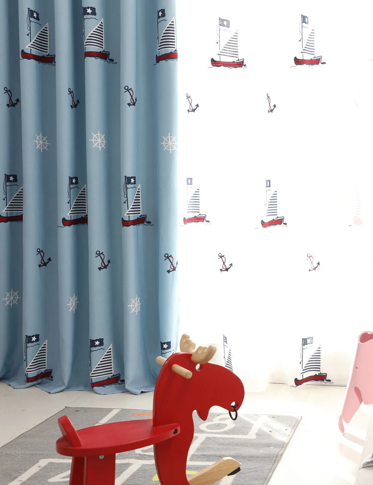 Lactraum Gardine Kinderzimmer Junge Maritim mit Ösen Bestickt Segelboot Anker - Bild 4 von 4