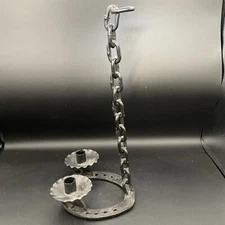 Vintage Brutalist Wrought Iron Chain and Horseshoe Candle Holder - Made In Spain