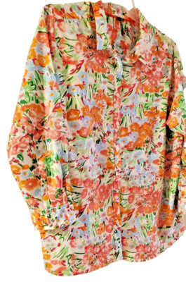 Cathy Woman Impression Art Style Colorful Blouse Button Up Shirt Long Sleeve Cot