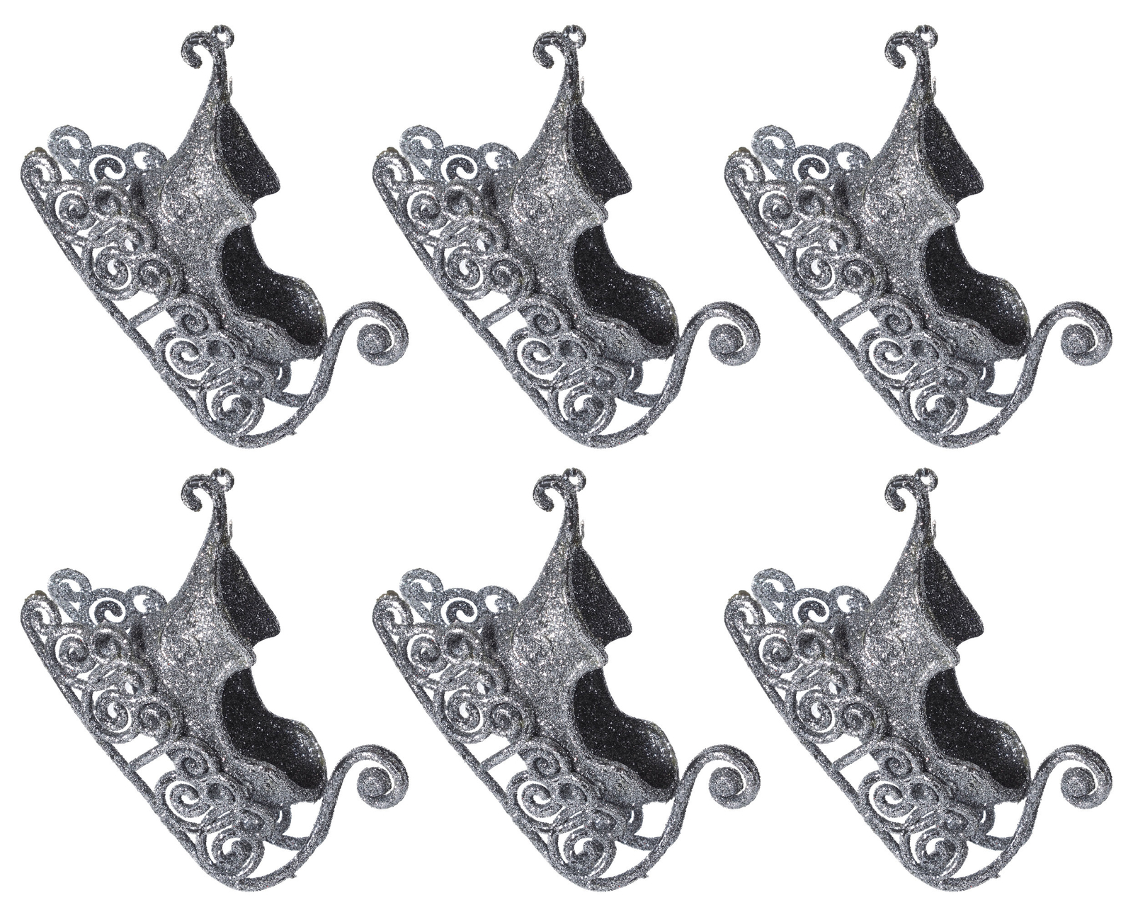 Glitter Santa Sleigh Christmas Tree Baubles Decorations - Silver - Set of 6