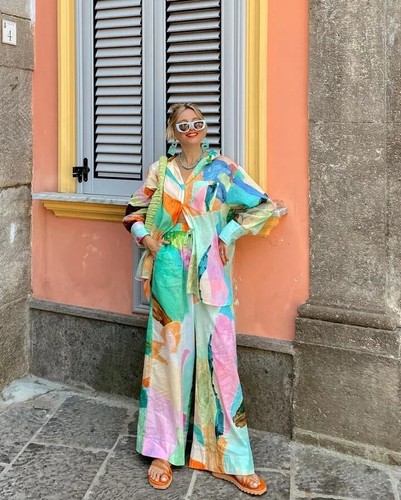 Conjunto de camisa y pantalones de solapa estampada para mujer, pantalones sueltos de pierna ancha - Imagen 18 de 25