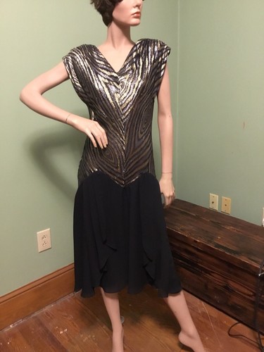 Vintage 80s ALA CARTE CALIFORNIA Black/Gold/Silver Metallic Chiffon DRESS