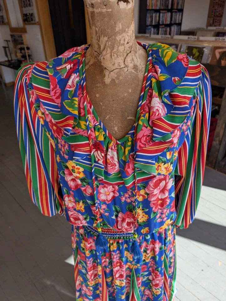 Vtg Diane Freis Dress 1980's Georgette Colorful Floral Stripe Maxi Dress M/L - Image 2 of 4