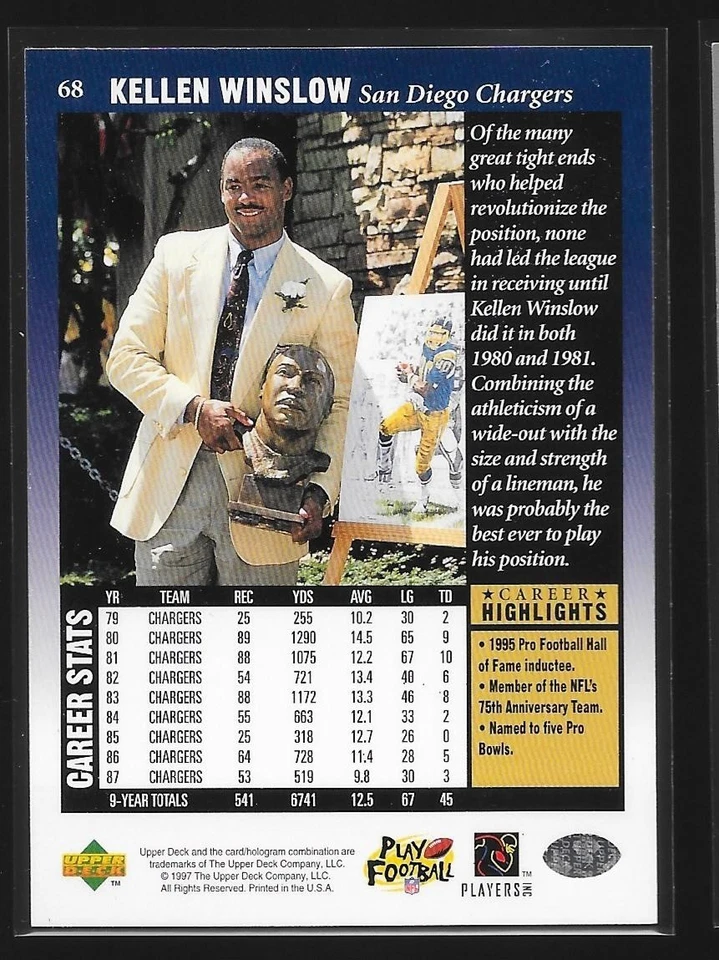 1997 Upper Deck NFL Legends - Kellen Winslow #68 - Image 2 of 2