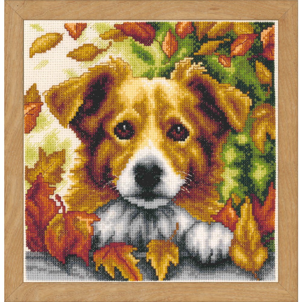 Vervaco counted cross stitch kit ""Dog in autumn"", 20x20cm