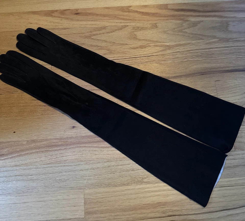 Vintage Long Black Leather Opera Gloves with Button Closure, 22 inches - Image 4 of 4