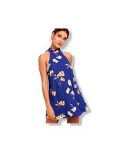 Lulus Darling Dearest Royal Blue Floral Print Swing Dress Halter Top Summer XS