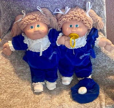 Cabbage Patch Kids Twin Girls Head Mold #3 and #6 1980s Navy Blue Velour Outfits