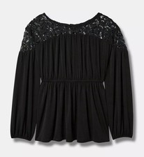 NEW Torrid Plus Sz 3 Black Studio Crepe Crew Neck Lace Yoke Babydoll Top 3x