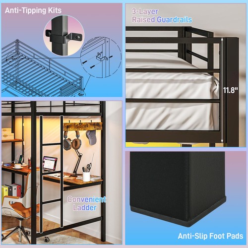 Twin Loft Bed with Desk LED Lights Metal Loft Bed Frame, Black - Picture 8 of 11