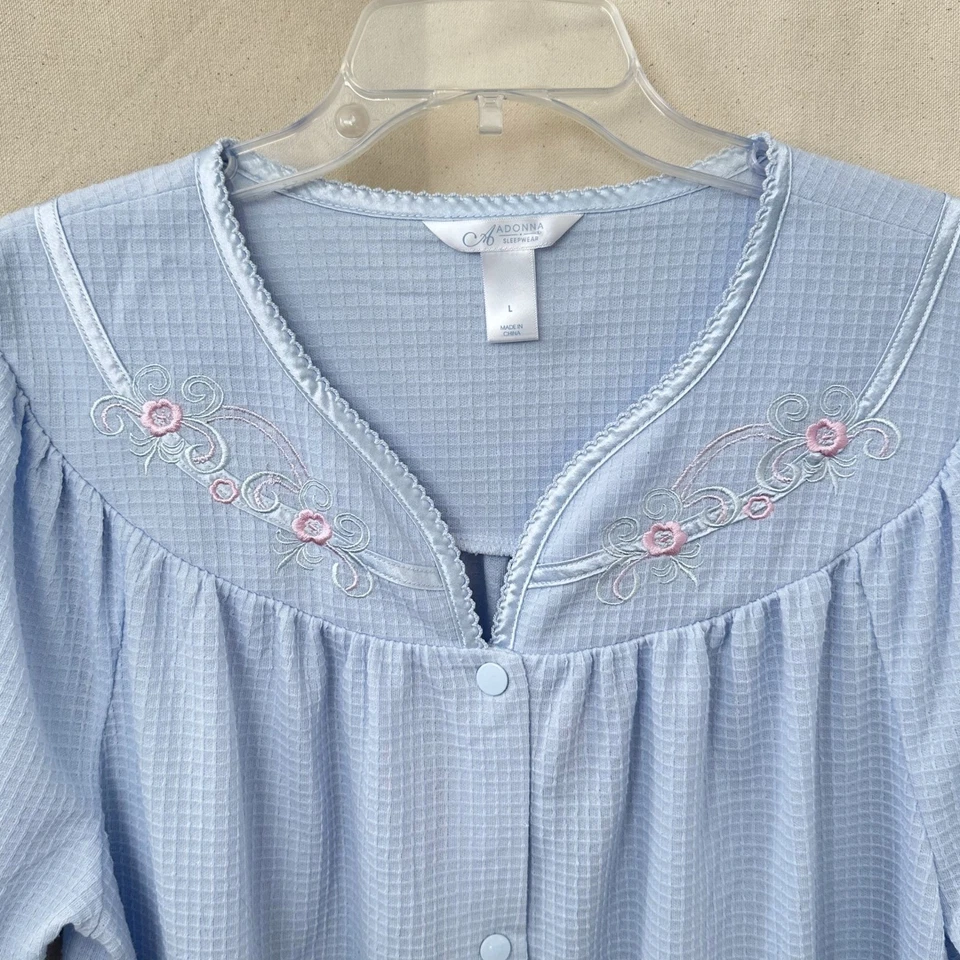 Adonna Sleepwear Womens L Blue Waffle Knit Snap Front House Robe Gown Cottage - Image 2 of 4