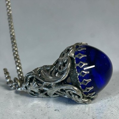 Whiting Davis Silver Filigree Necklace Blue Glass Orb Pendant 20  For Her